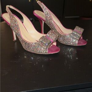 Women's Pink Glitter Slingback Peep-Toe Heels